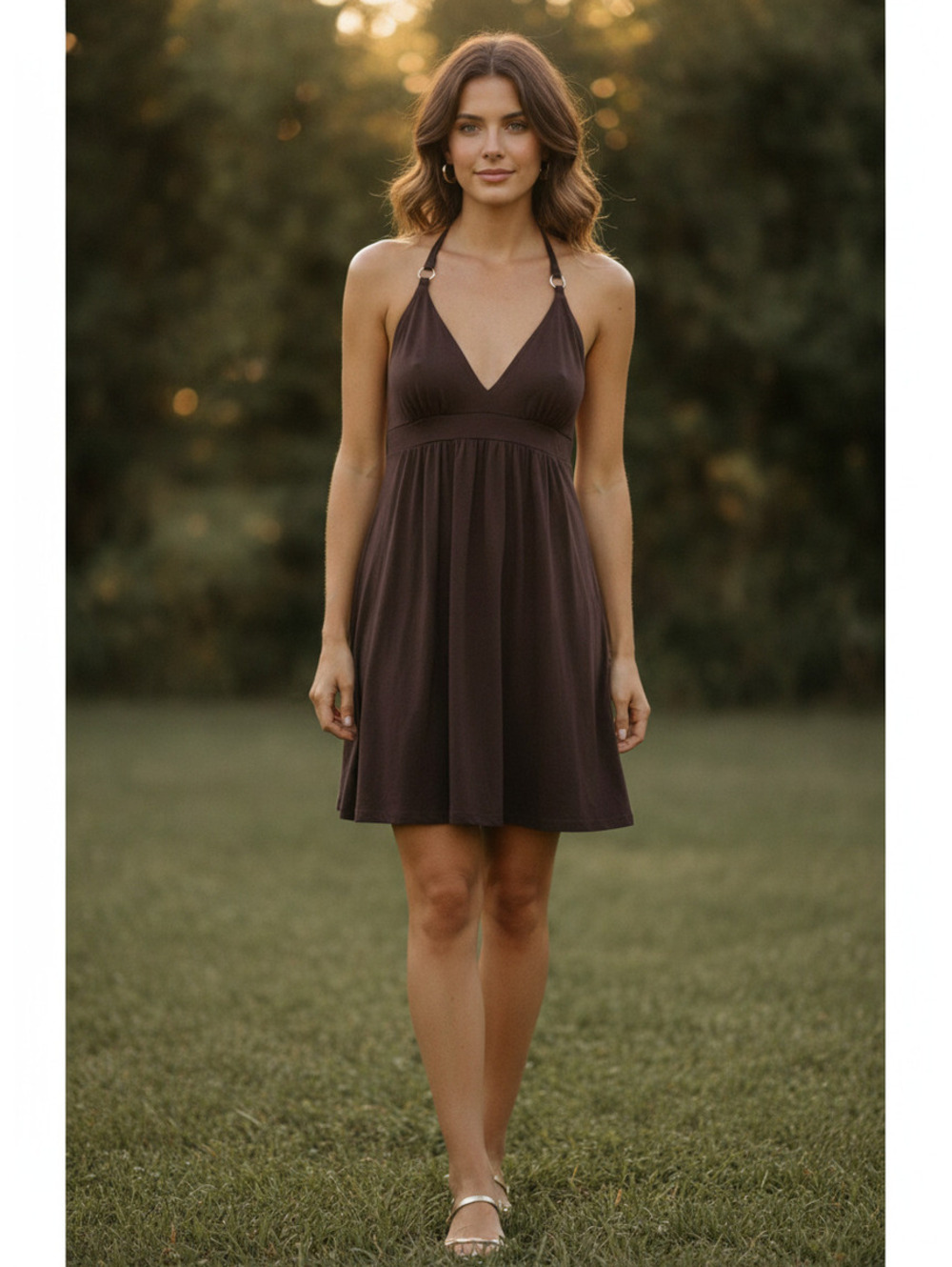 Victoria’s Secret BraTop Chocolate Brown Halter Dress with V-Neck Size Large Y2K
